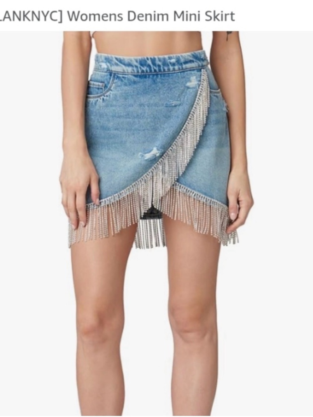 BLANKYC denim mink skirt with rhinestone fringe - NEW WITH TAGS